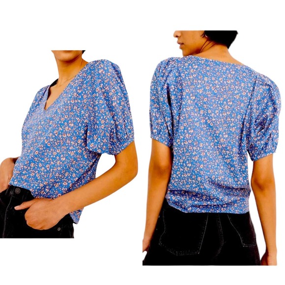 Madewell Tops - NWT Madewell Blue V-Neck Puff Sleeve Summer Vines Blouse Size 1X